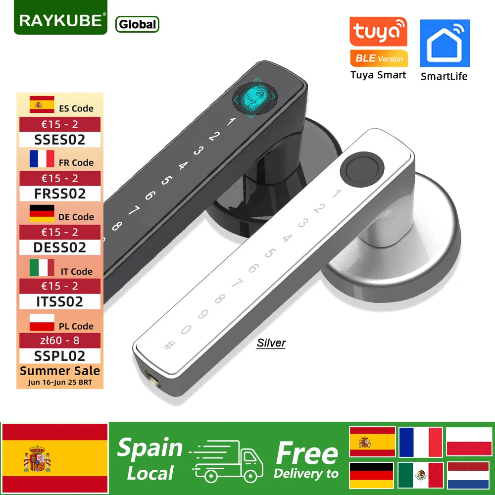 RAYKUBE M5 Tuya BLE Smart Fingerprint Door Lock Electronic Lock with Password/Key/Card/Tuya APP Unlock Free Delivery From Spain