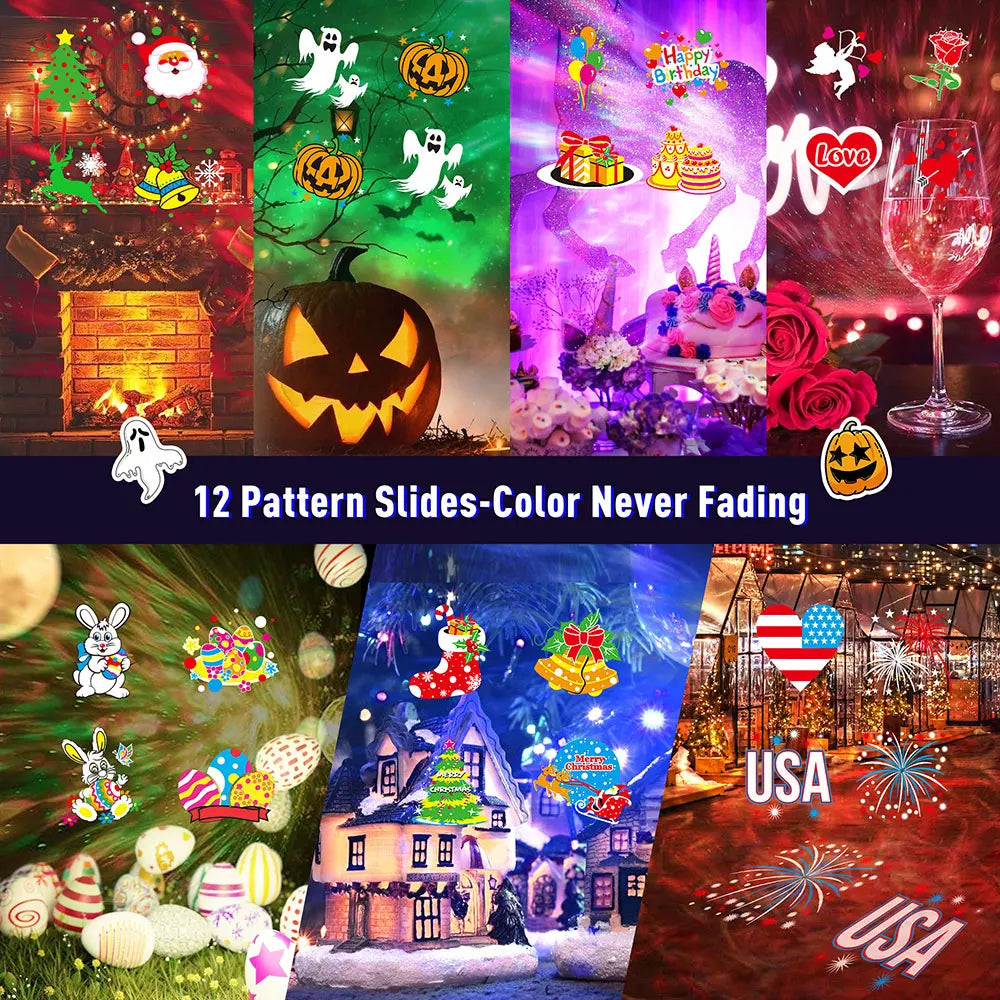 Proiector Crăciun, proiector LED Crăciun/Halloween pentru exterior, lampă de proiecție cu fulgi de zăpadă, efect de valuri de apă și 12 modele diferite