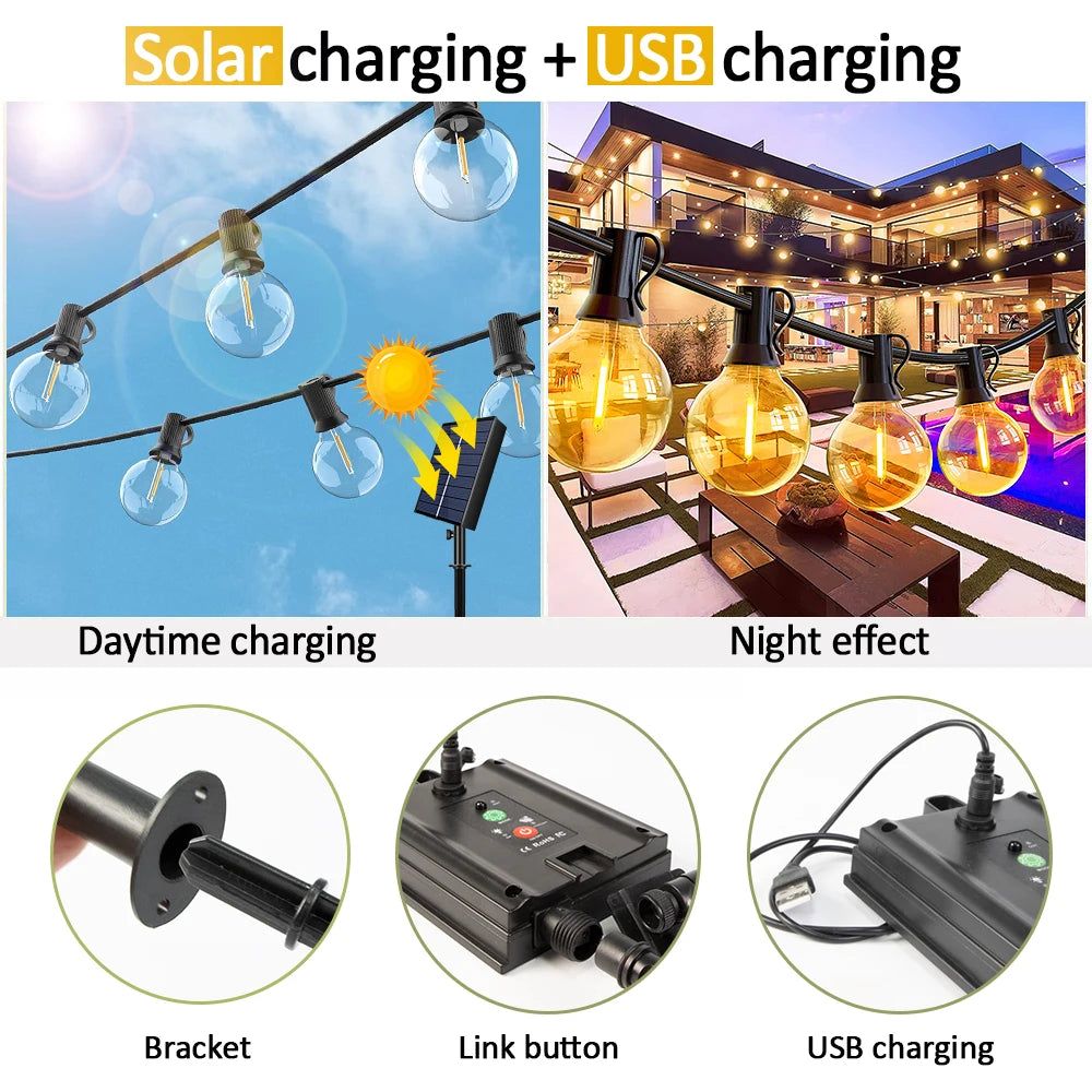 12M 30 LEDS  G40 Solar String Lights Outdoor Patio Lights Solar & USB Powered Waterproof Globe Hanging Lights with Shatterproof