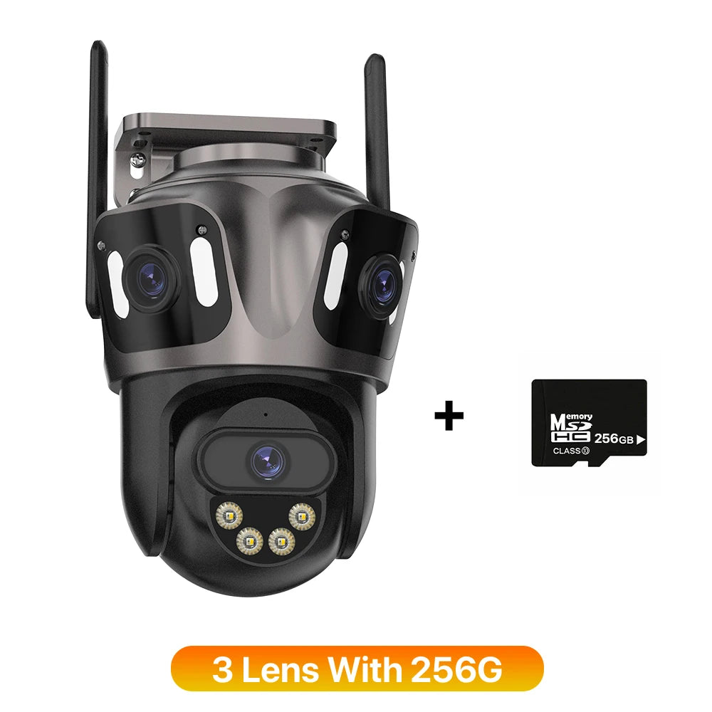 Cameră de Supraveghere WiFi 4K HD – 3 Lentile, 3 Ecrane, PTZ, AI Human Detection, IP66, Viziune Color Noapte, iCsee App