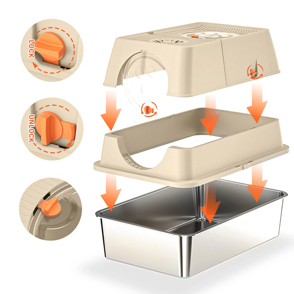 Toaletă pentru pisici din oțel inoxidabil, cu capac, ușă frontală și superioară – Cutie mare cu filtru de nisip, pedală și lopățică, accesorii pentru pisici