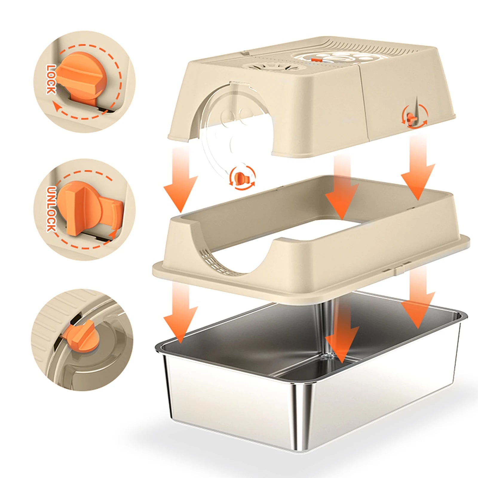 Toaletă pentru pisici din oțel inoxidabil, cu capac, ușă frontală și superioară – Cutie mare cu filtru de nisip, pedală și lopățică, accesorii pentru pisici