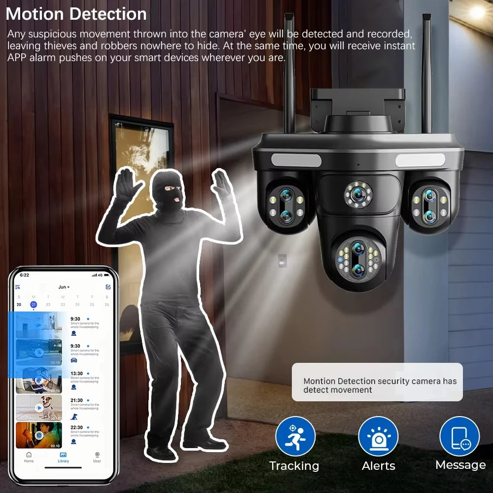 Cameră Inteligentă WiFi Exterior 35MP – 7 Lentile, 4 ecrane, Zoom 10X, Audio 2-Way, Auto Tracking