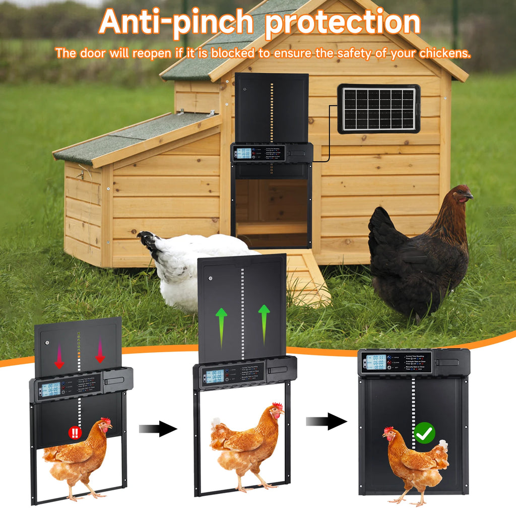 Ușă automată pentru coteț de găini, alimentată solar și prin USB – 4 moduri de funcționare, cu temporizator și senzor de lumină
