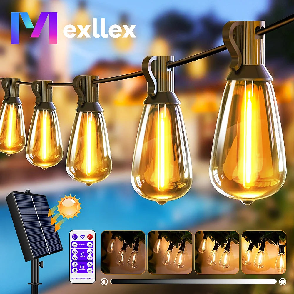 ST38 Solar Outdoor String Light with Remote,8 Light Mode,Waterproof Dimmable Timer Shatterproof Bulb for Backyard, Porch, Garden