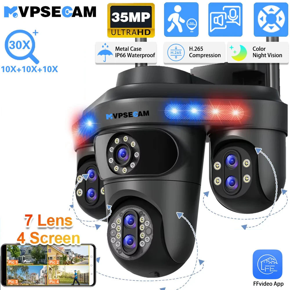 Cameră Inteligentă WiFi Exterior 35MP – 7 Lentile, 4 ecrane, Zoom 10X, Audio 2-Way, Auto Tracking