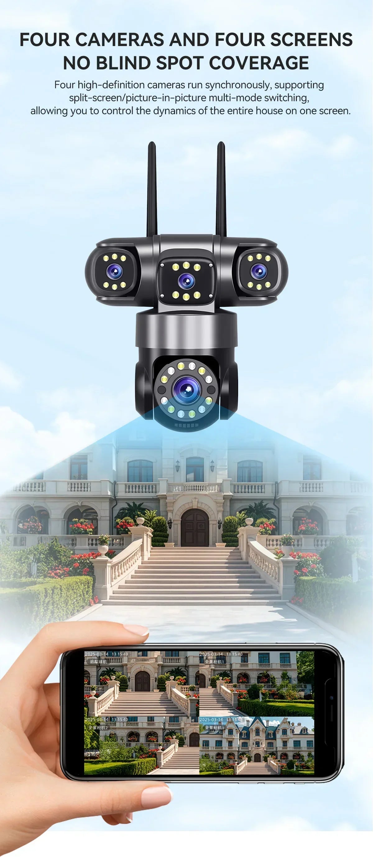 4 Lens 4 Screen 20MP WiFi  Security Camera  Color Night Vision Auto Tracking 360° PTZ IP66 Waterproof Two-Way Audio  HiEasy APP