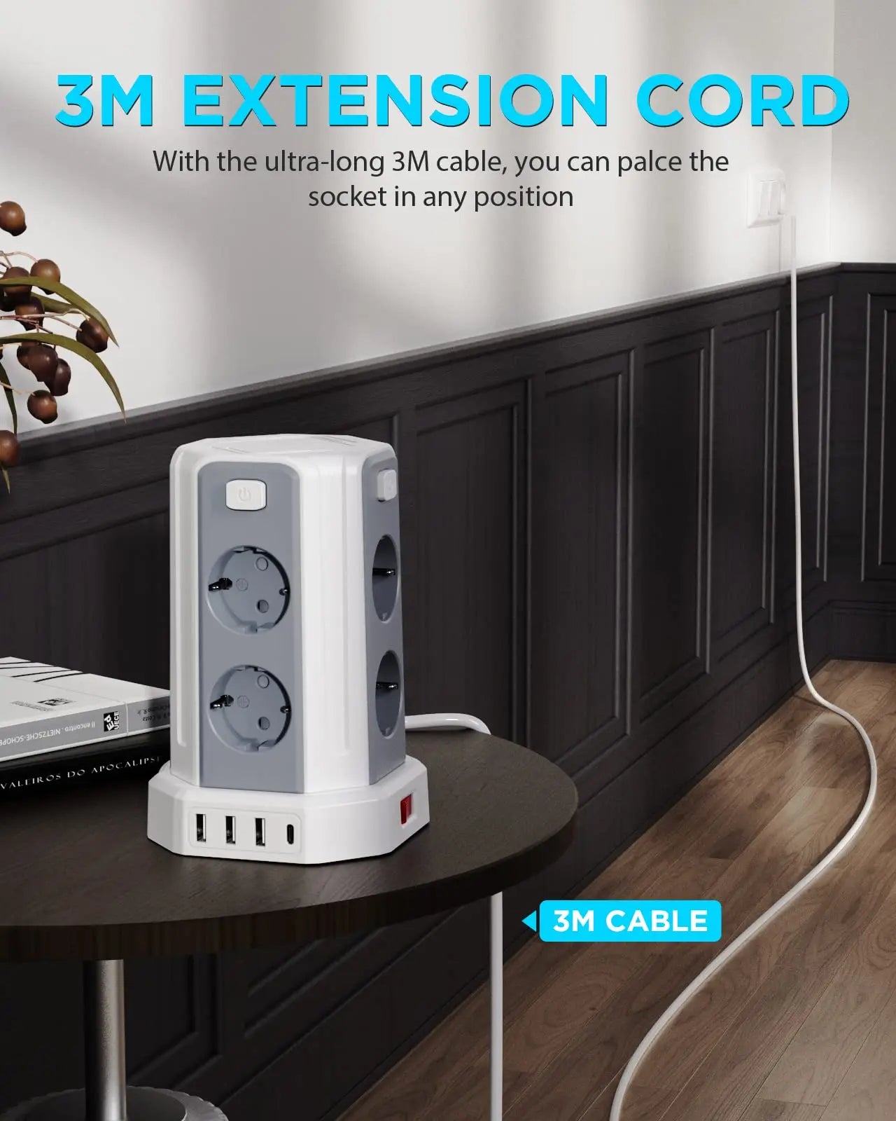 3 Meters Power Strip Power Strip with 8 pads and 3 USB + 1 USB C (2500W/10A) overdrive Protection with Independent Switche