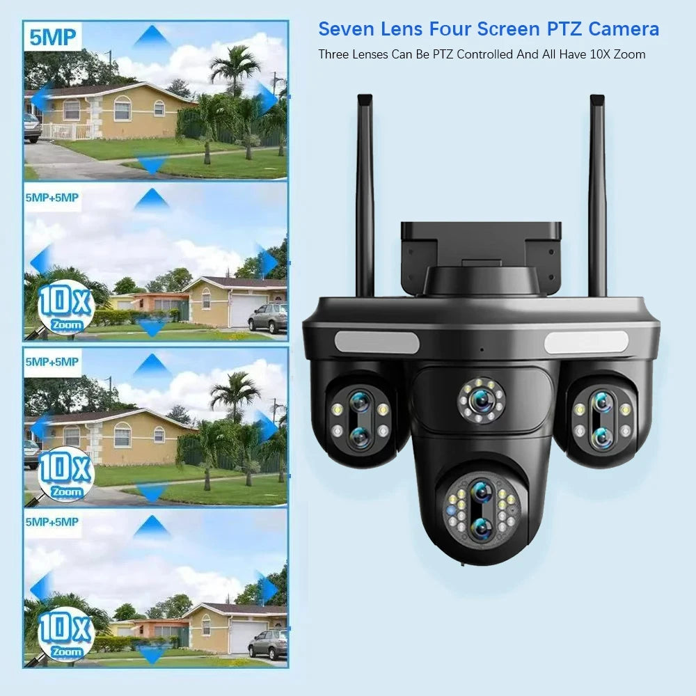 Cameră Inteligentă WiFi Exterior 35MP – 7 Lentile, 4 ecrane, Zoom 10X, Audio 2-Way, Auto Tracking