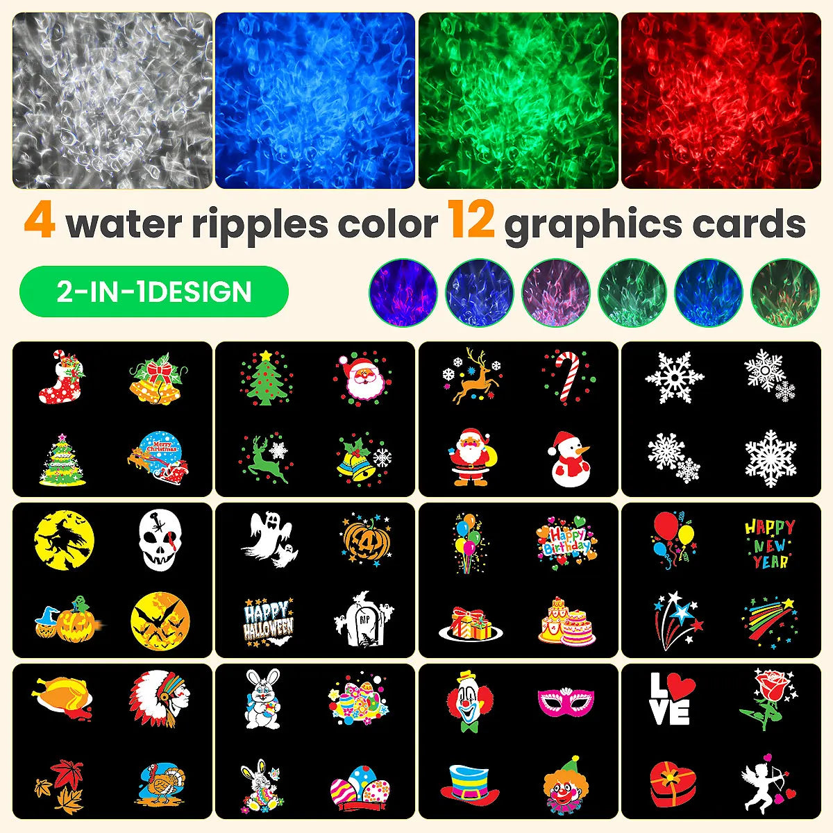 Proiector Crăciun, proiector LED Crăciun/Halloween pentru exterior, lampă de proiecție cu fulgi de zăpadă, efect de valuri de apă și 12 modele diferite