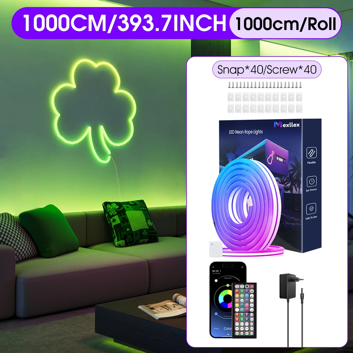 30M/20M Flexible LED Neon Rope Lights Control with App/Remote, IP65 Outdoor RGB String Lamp, Music Sync for Rooms, Pool, Garden