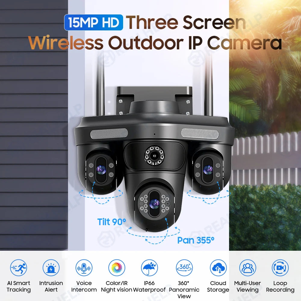 Cameră Smart WiFi/4G 15MP – 3 Lentile, Urmărire Automată, 3 Ecrane, Cameră Exterior cu Aplicație V380