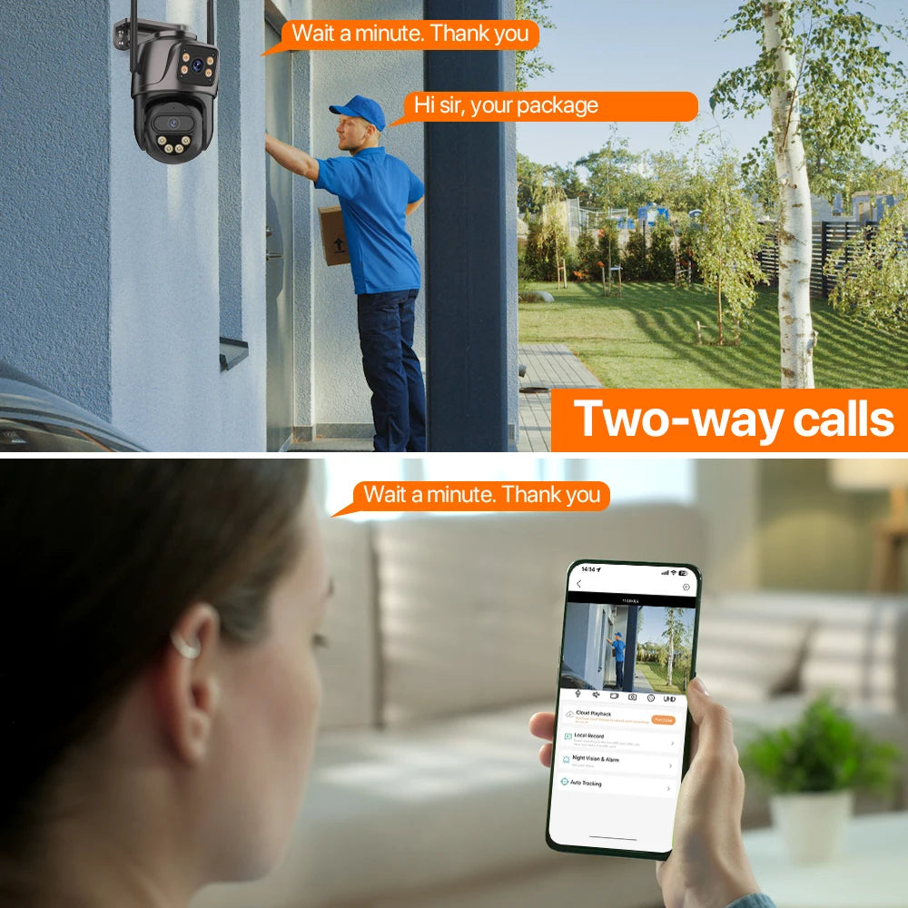 Cameră de Supraveghere WiFi IP 6K HD cu 3 Lentile, Zoom 8X, PTZ 360°, Auto Tracking, Dual Screen, 8MP 4K, Cameră Wireless pentru Exterior, Control prin Aplicația iCsee