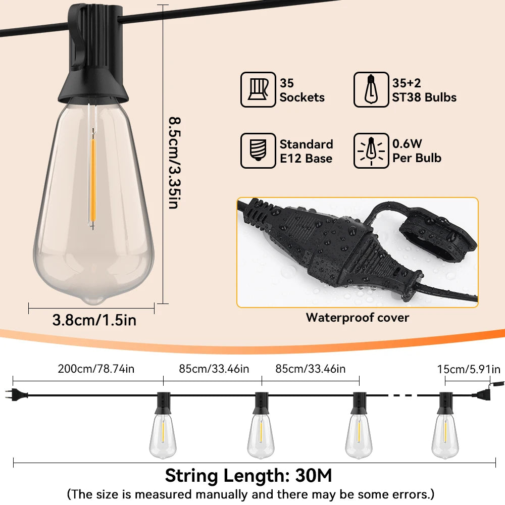 15M 20M 30M LED Garland Light String ST38 LED Lamp Bulb Outdoor IP44 Waterproof Wedding Lights Christmas Party Garden Decor Lamp