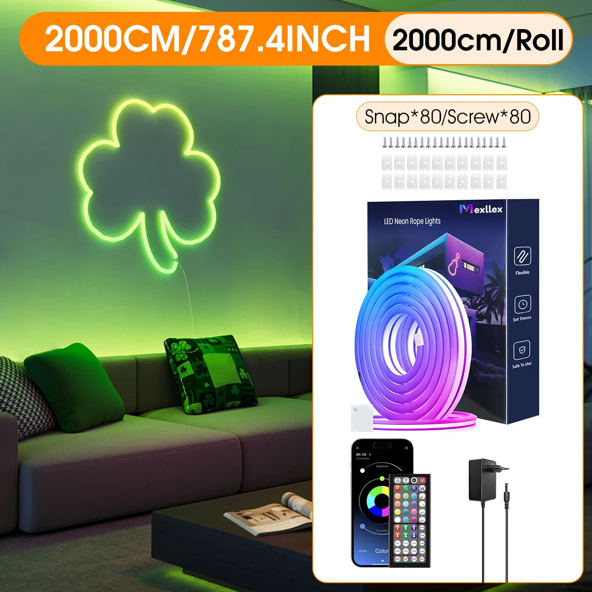 30M/20M Flexible LED Neon Rope Lights Control with App/Remote, IP65 Outdoor RGB String Lamp, Music Sync for Rooms, Pool, Garden