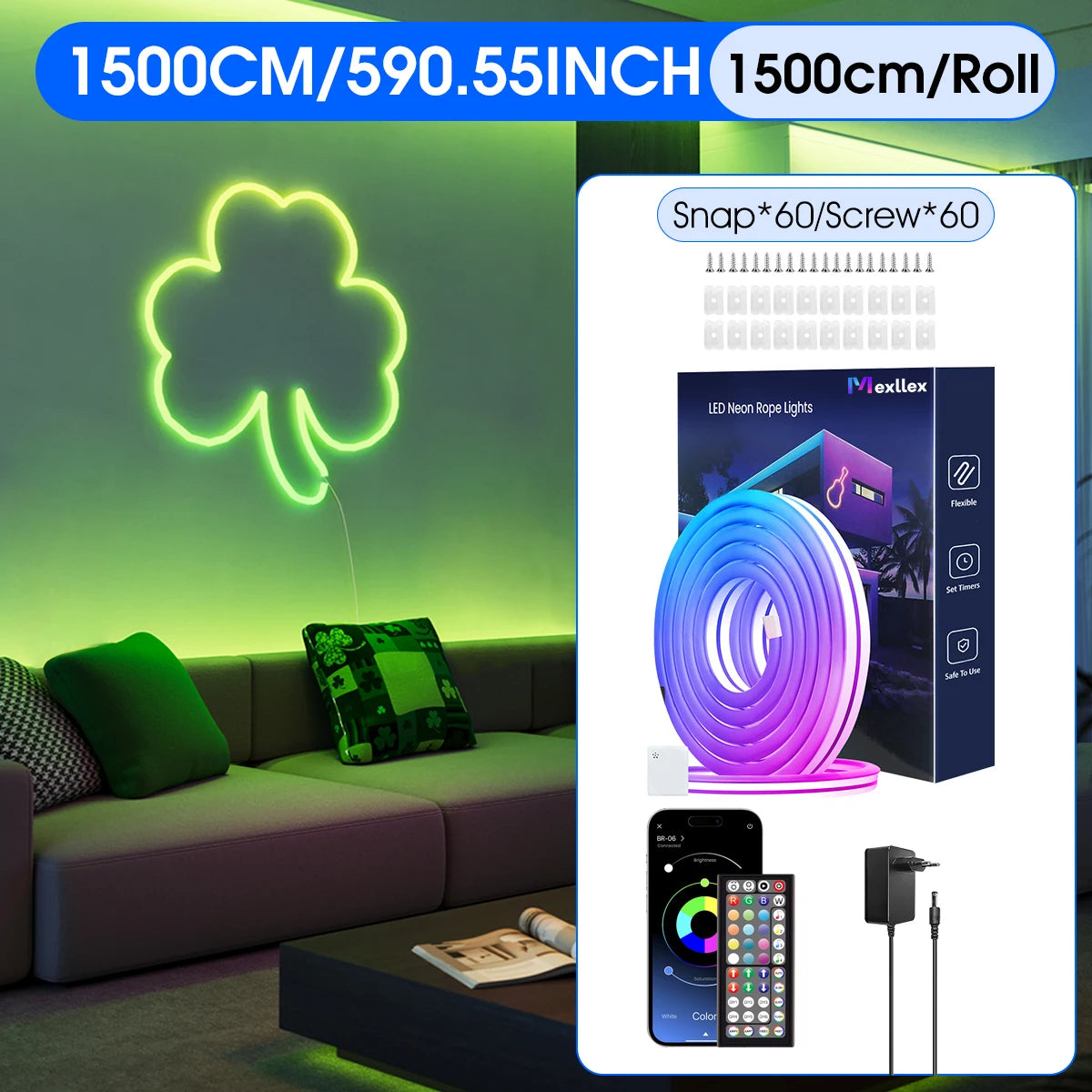 30M/20M Flexible LED Neon Rope Lights Control with App/Remote, IP65 Outdoor RGB String Lamp, Music Sync for Rooms, Pool, Garden