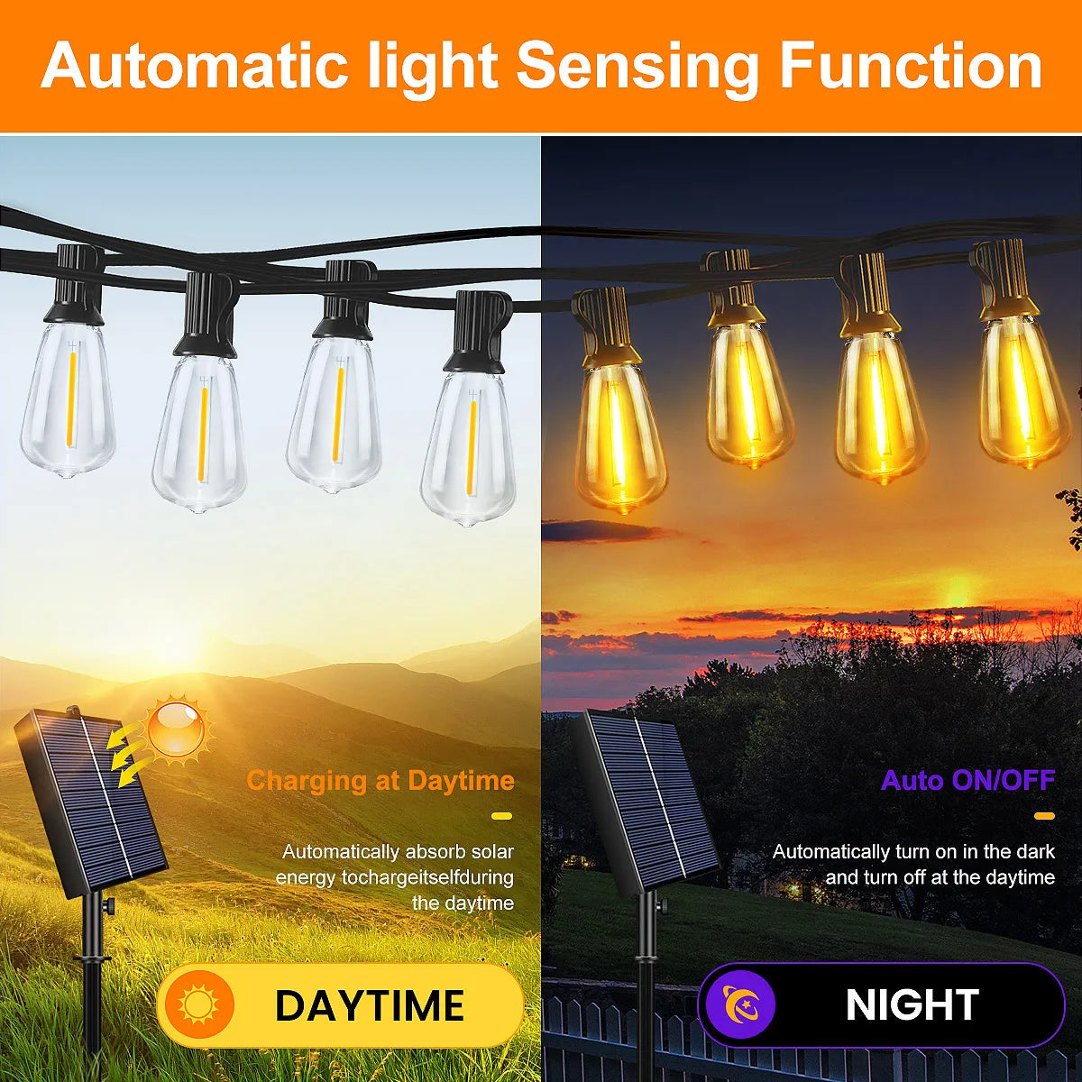ST38 Solar Outdoor String Light with Remote,8 Light Mode,Waterproof Dimmable Timer Shatterproof Bulb for Backyard, Porch, Garden