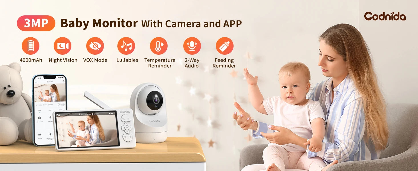 2K Wi-Fi Baby Monitor,3MP Baby Surveillance Security Camera with 5.5'' LCD Screen,Motion Detection/Crying, PTZ Control, APP