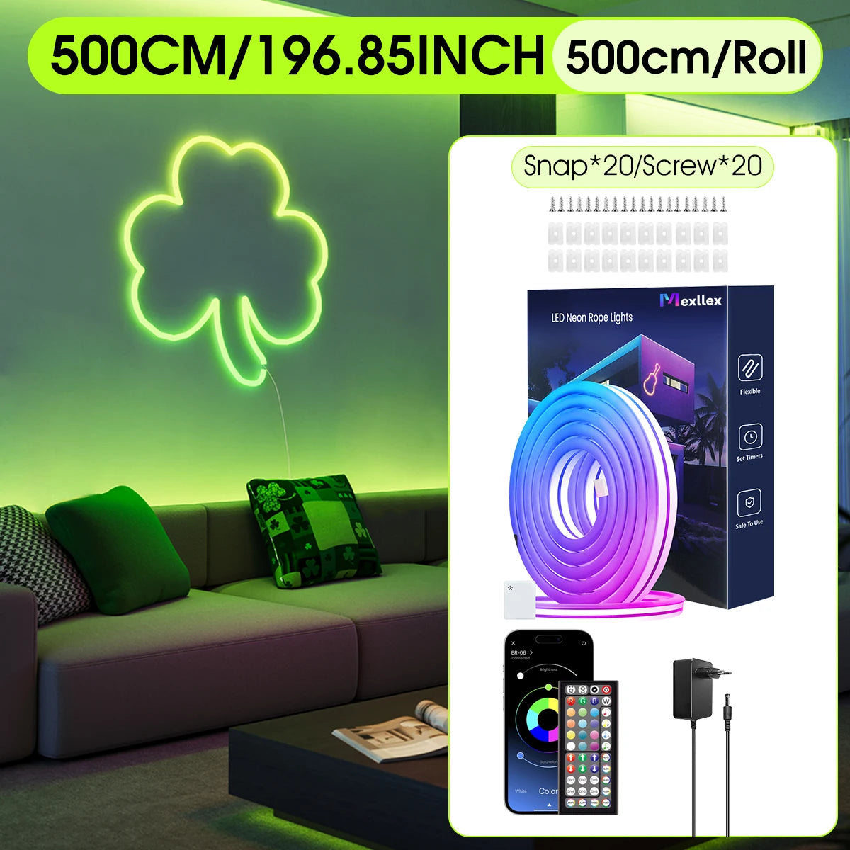 30M/20M Flexible LED Neon Rope Lights Control with App/Remote, IP65 Outdoor RGB String Lamp, Music Sync for Rooms, Pool, Garden