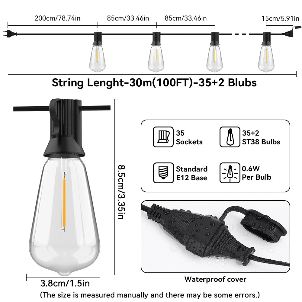 15M 20M 30M LED Garland Light String ST38 LED Lamp Bulb Outdoor IP44 Waterproof Wedding Lights Christmas Party Garden Decor Lamp
