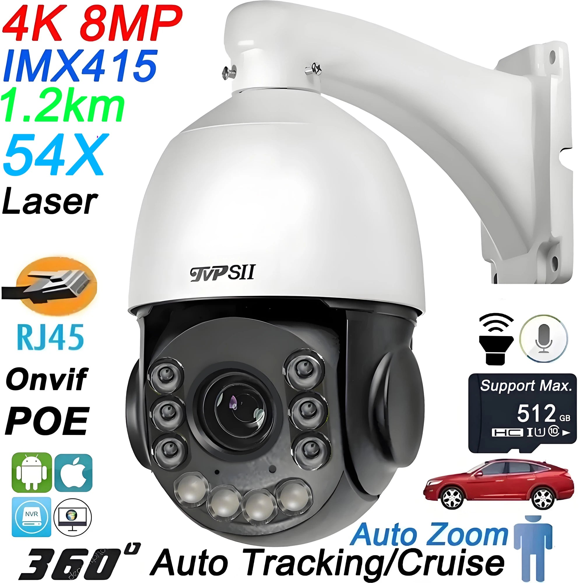 Cameră IP Smart PTZ Speed Dome 8MP 4K cu Zoom Optic 54X, Laser Infraroșu, Urmărire Automată, Rotire 360°, Audio, Compatibilă ONVIF, H.265+, Alimentare PO