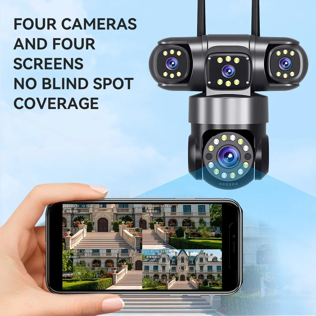 4 Lens 4 Screen 20MP WiFi  Security Camera  Color Night Vision Auto Tracking 360° PTZ IP66 Waterproof Two-Way Audio  HiEasy APP