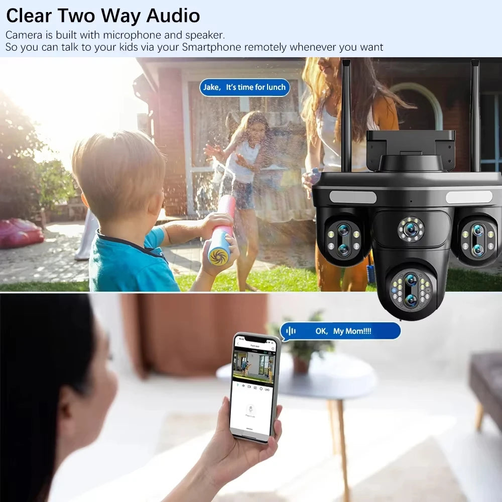 Cameră Inteligentă WiFi Exterior 35MP – 7 Lentile, 4 ecrane, Zoom 10X, Audio 2-Way, Auto Tracking