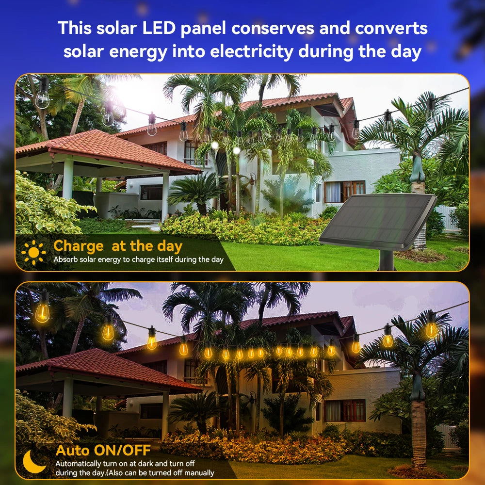 15M Solar Light String S14 Outdoor LED Garland Light E12 Shatterproof Garden Patio Wedding Backyard Decoration IP65 Plastics