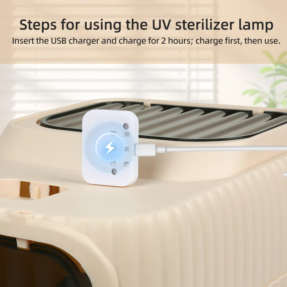 Toaletă pentru Pisici cu Sterilizare UV – Cutie Mare cu Capac, Sertar și Lopățică, Control Eficient al Mirosurilor