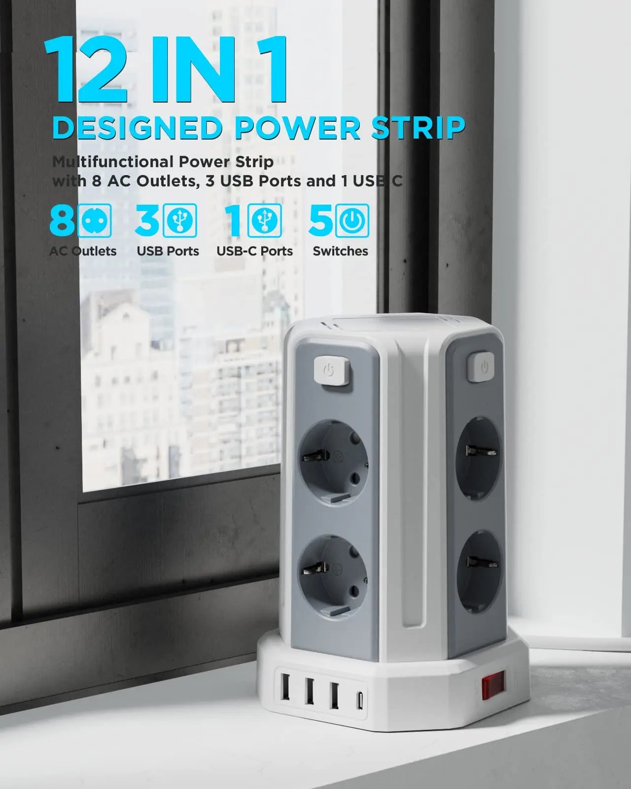 3 Meters Power Strip Power Strip with 8 pads and 3 USB + 1 USB C (2500W/10A) overdrive Protection with Independent Switche