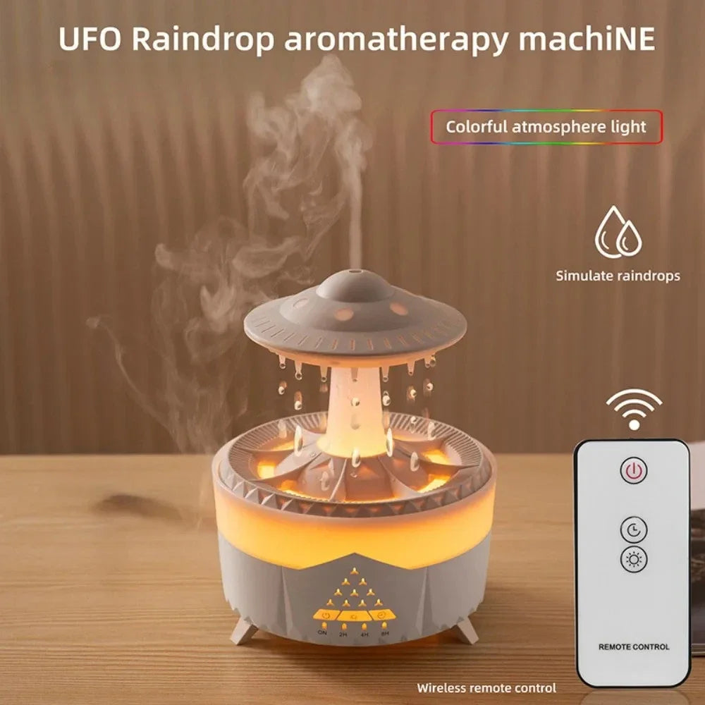 Difuzor de arome cu efect de ploaie de apă rotative – Umidificator de aer cu lumină ambientală colorată, model brad de Crăciun / meduză, compatibil cu uleiuri esențiale