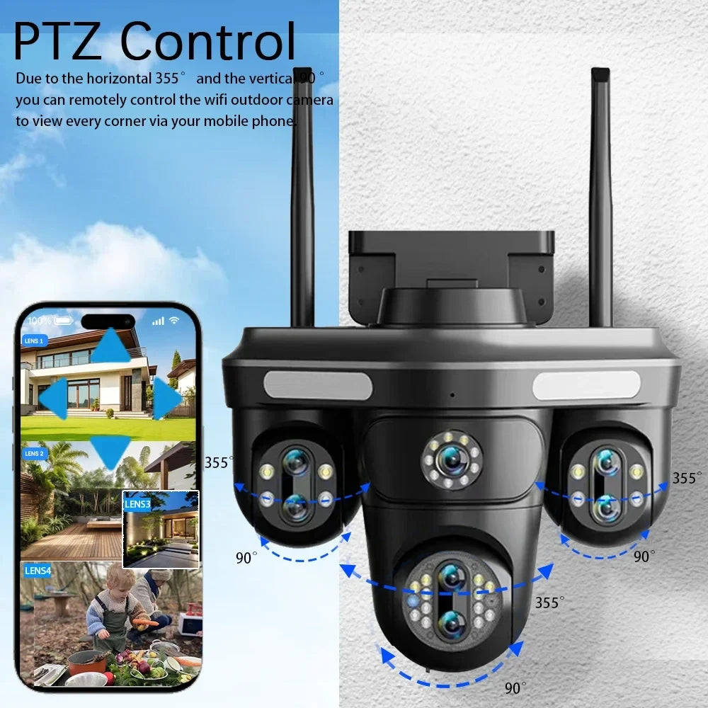 Cameră Inteligentă WiFi Exterior 35MP – 7 Lentile, 4 ecrane, Zoom 10X, Audio 2-Way, Auto Tracking