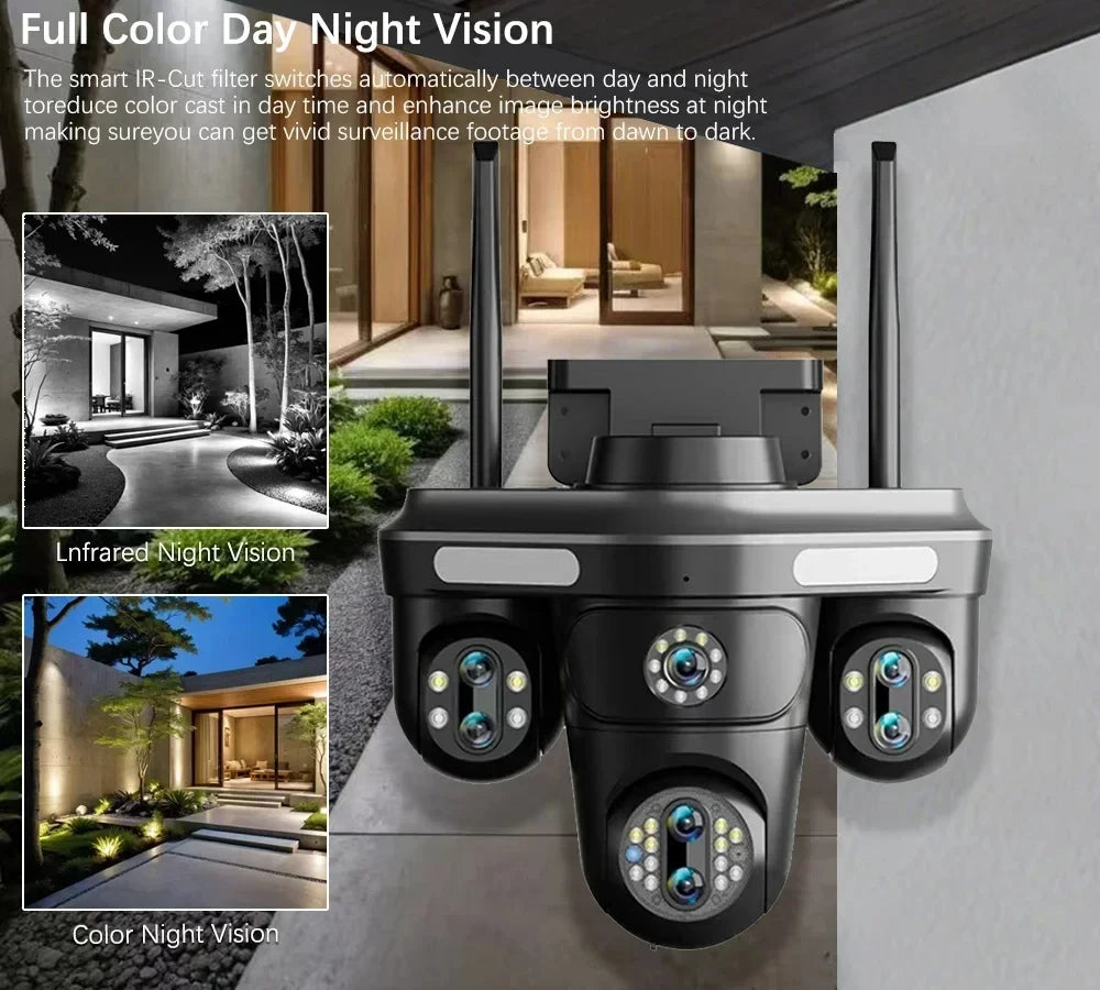 Cameră Inteligentă WiFi Exterior 35MP – 7 Lentile, 4 ecrane, Zoom 10X, Audio 2-Way, Auto Tracking