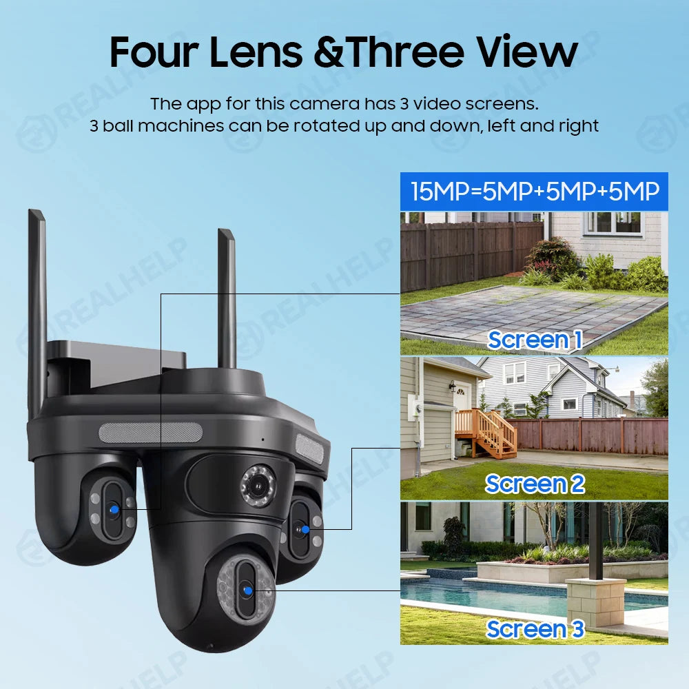 Cameră Smart WiFi/4G 15MP – 3 Lentile, Urmărire Automată, 3 Ecrane, Cameră Exterior cu Aplicație V380