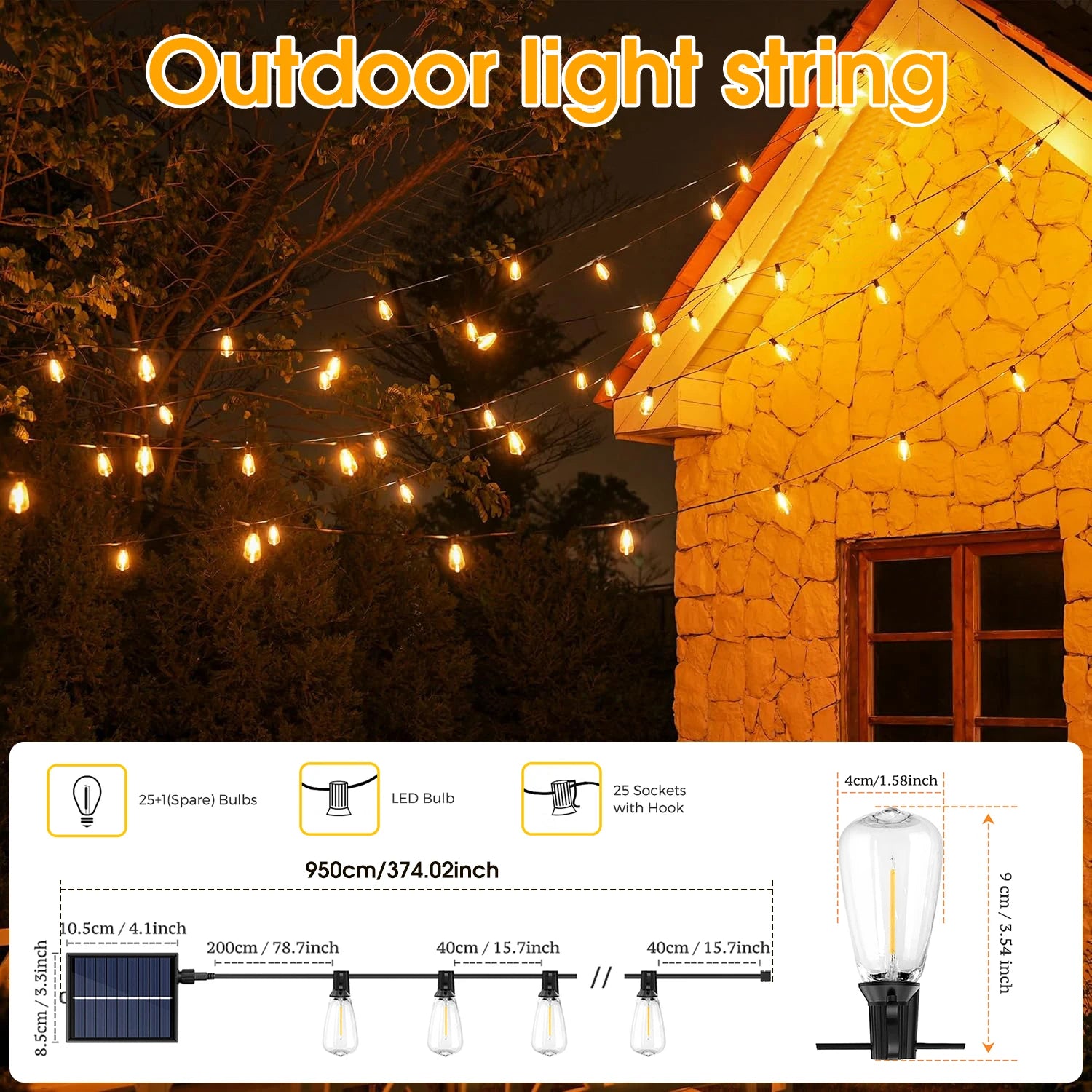 ST38 Solar Outdoor String Light with Remote,8 Light Mode,Waterproof Dimmable Timer Shatterproof Bulb for Backyard, Porch, Garden