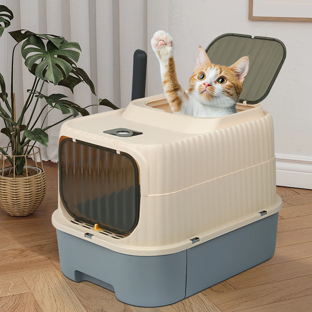 Toaletă pentru Pisici cu Sterilizare UV – Cutie Mare cu Capac, Sertar și Lopățică, Control Eficient al Mirosurilor