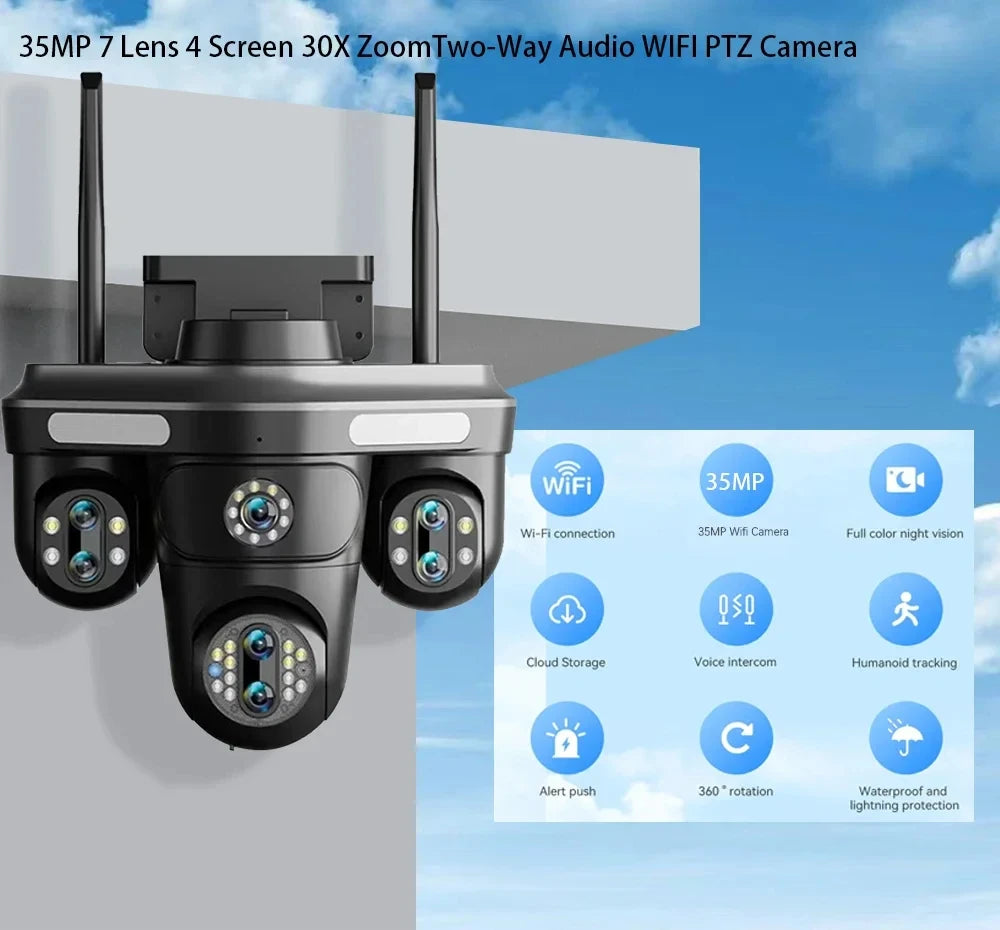 Cameră Inteligentă WiFi Exterior 35MP – 7 Lentile, 4 ecrane, Zoom 10X, Audio 2-Way, Auto Tracking
