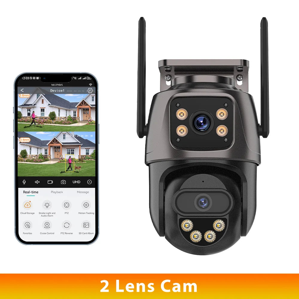 Cameră de Supraveghere WiFi IP 6K HD cu 3 Lentile, Zoom 8X, PTZ 360°, Auto Tracking, Dual Screen, 8MP 4K, Cameră Wireless pentru Exterior, Control prin Aplicația iCsee