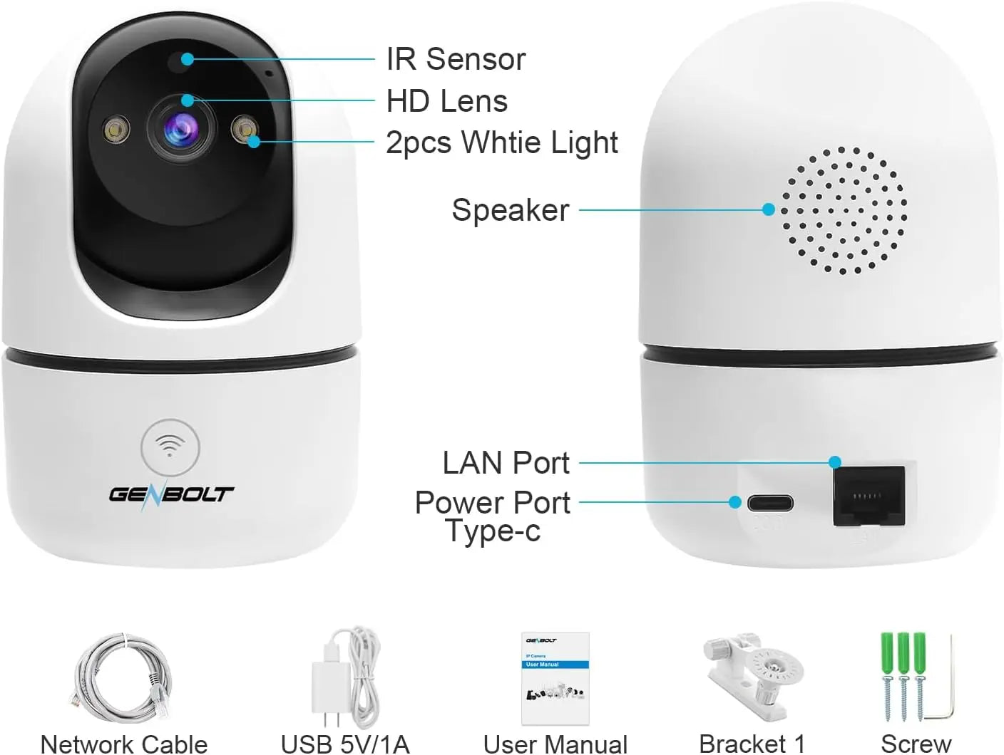 Cameră de Supraveghere WiFi GENBOLT 2K pentru Interior, Cameră IP de Securitate pentru Acasă, cu Detecție Umanoidă, Auto Cruise și Cameră pentru Animale sau Bebeluși (Nanny/Pet Cam)
