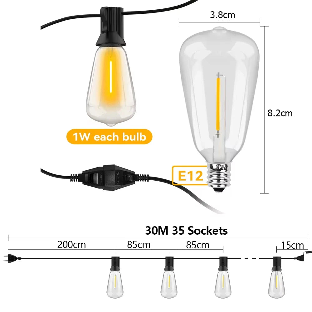 15M 20M 30M LED Garland Light String ST38 LED Lamp Bulb Outdoor IP44 Waterproof Wedding Lights Christmas Party Garden Decor Lamp