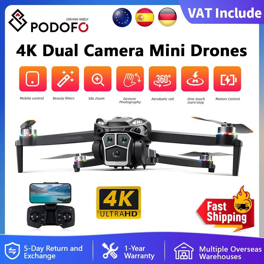 Podofo New Drone 4k Dual Camera  Mini Helicopter Quadcopter Toy Obstacle Avoidance Foldable RC Drone Headless Mode Mini Drones