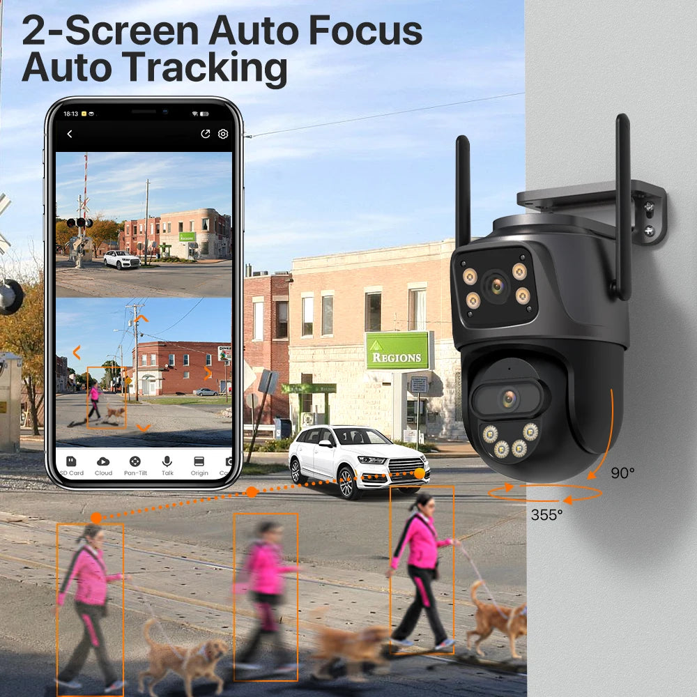 Cameră de Supraveghere WiFi IP 6K HD cu 3 Lentile, Zoom 8X, PTZ 360°, Auto Tracking, Dual Screen, 8MP 4K, Cameră Wireless pentru Exterior, Control prin Aplicația iCsee