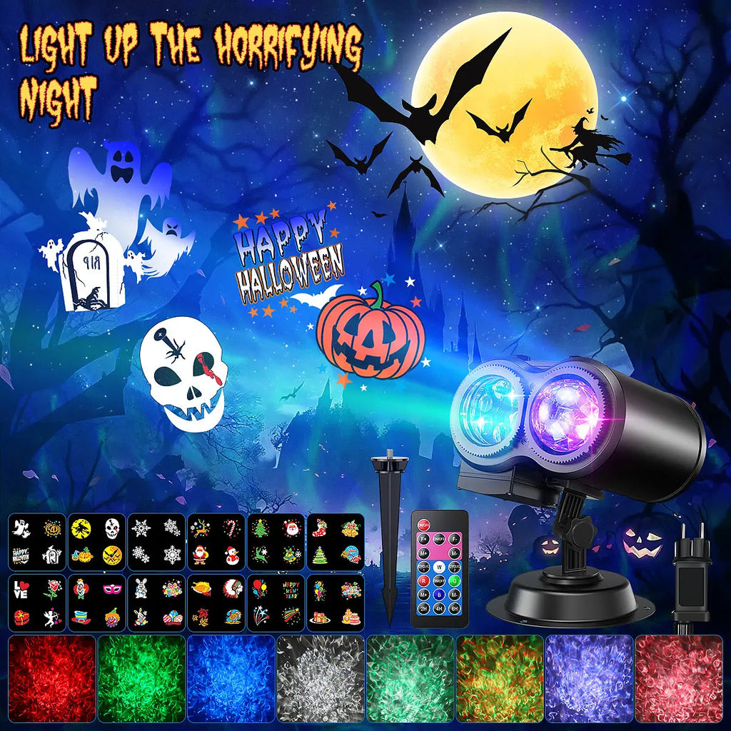 Proiector Crăciun, proiector LED Crăciun/Halloween pentru exterior, lampă de proiecție cu fulgi de zăpadă, efect de valuri de apă și 12 modele diferite