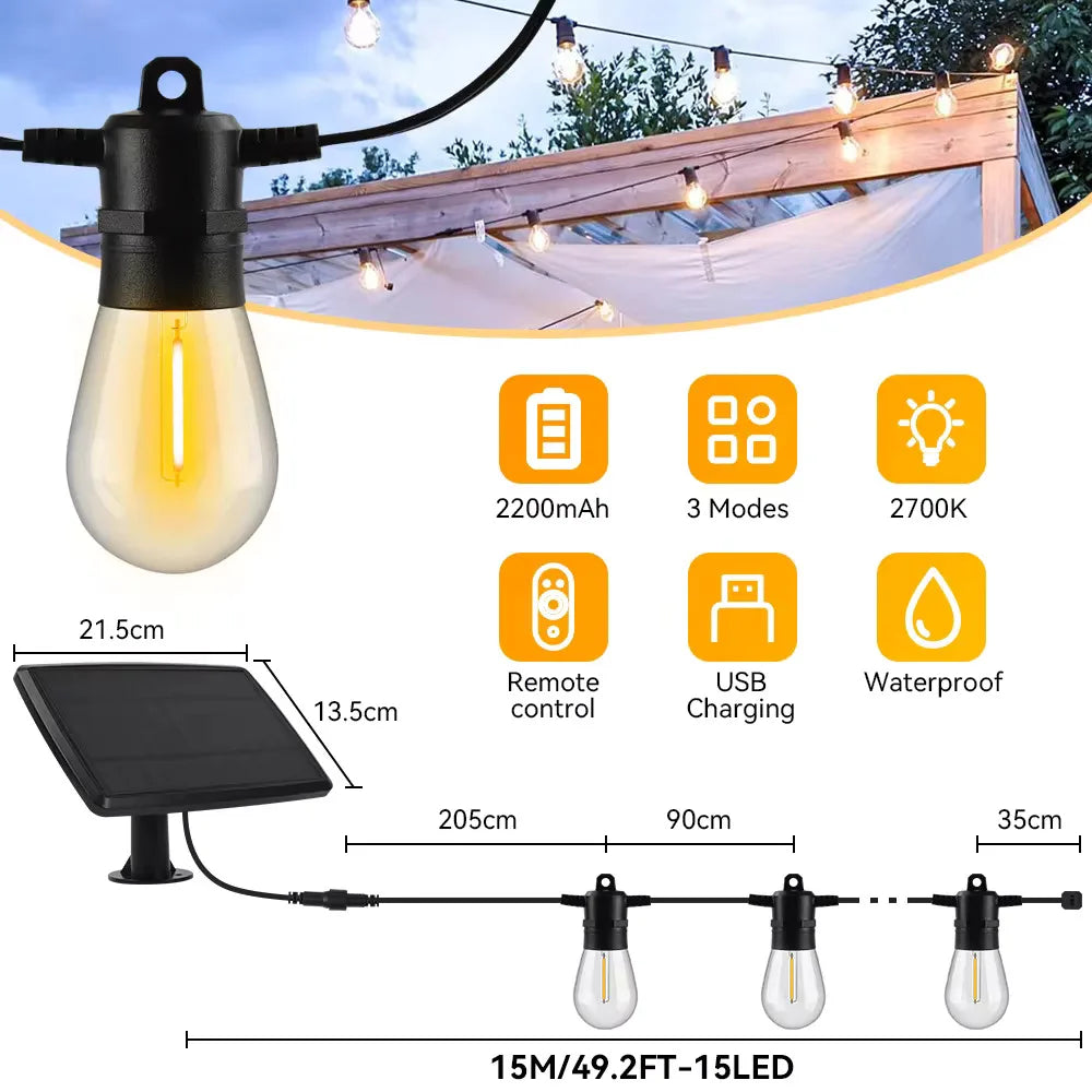 15M Solar Light String S14 Outdoor LED Garland Light E12 Shatterproof Garden Patio Wedding Backyard Decoration IP65 Plastics