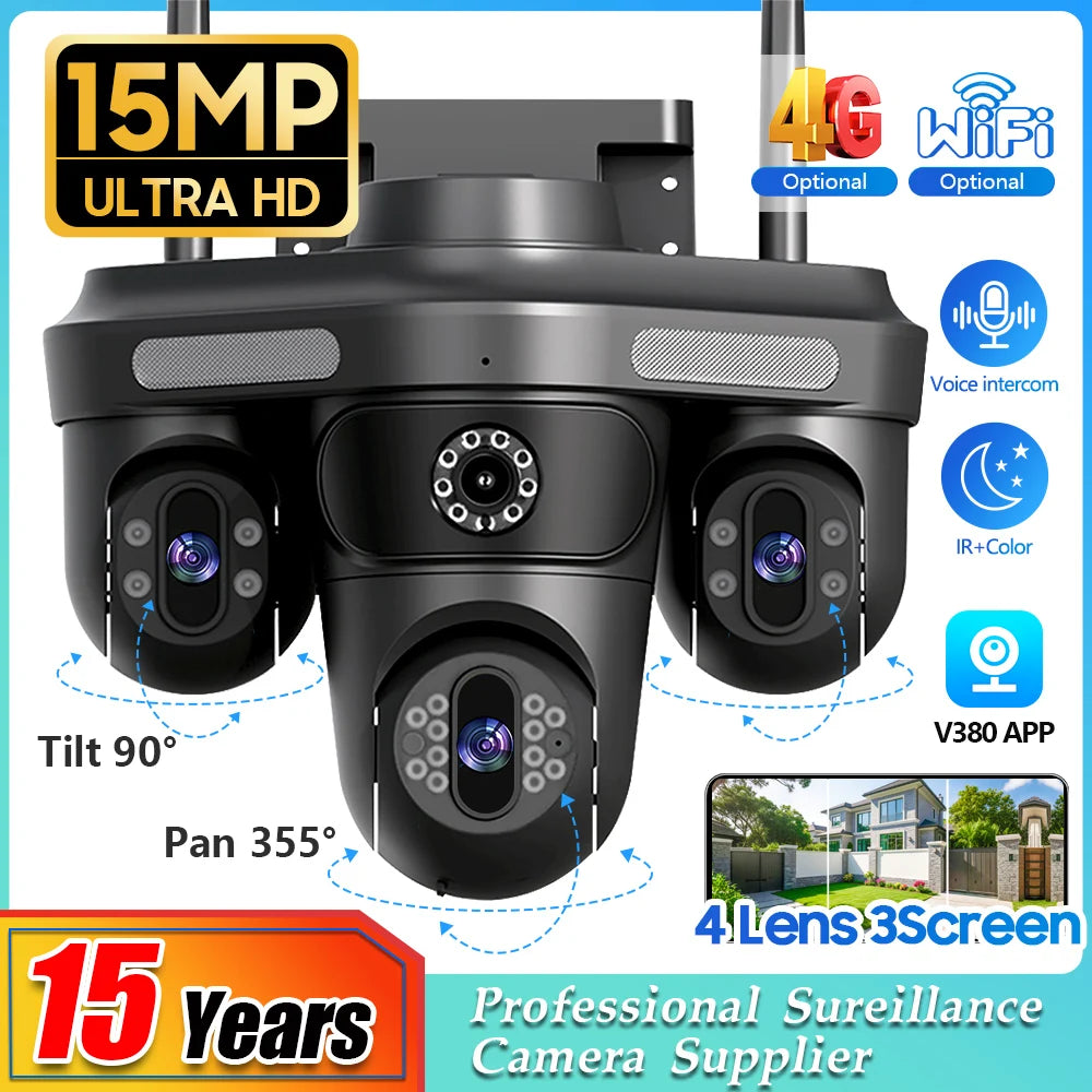 Cameră Smart WiFi/4G 15MP – 3 Lentile, Urmărire Automată, 3 Ecrane, Cameră Exterior cu Aplicație V380