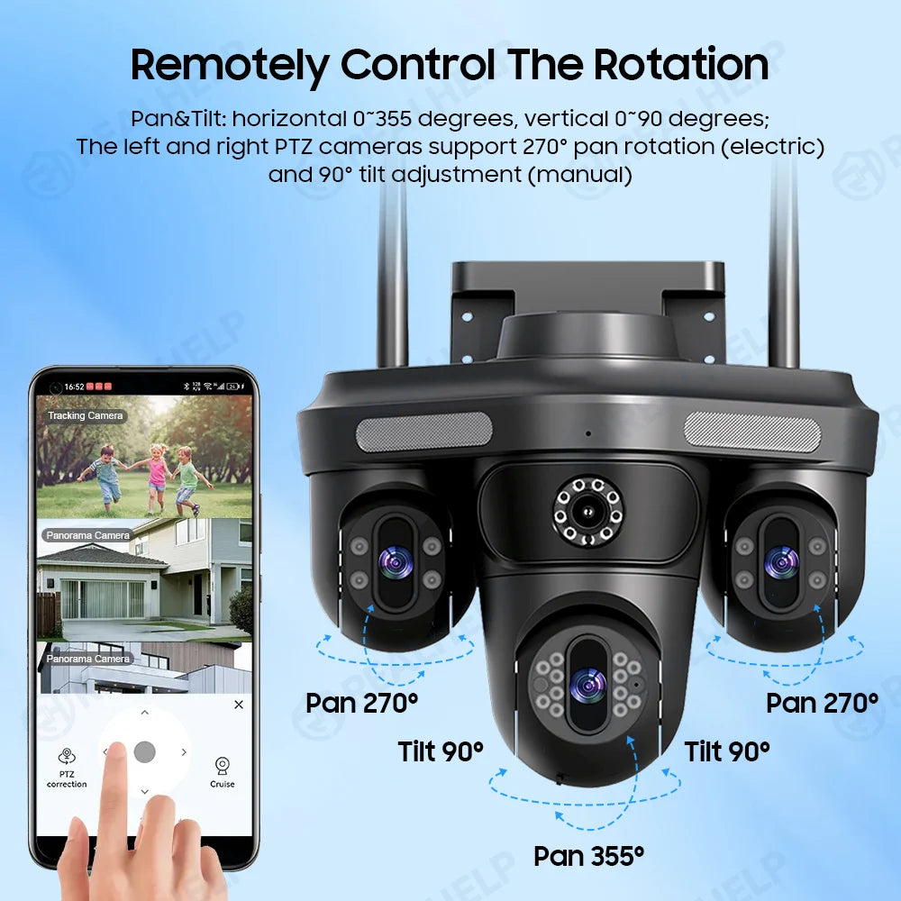 Cameră Smart WiFi/4G 15MP – 3 Lentile, Urmărire Automată, 3 Ecrane, Cameră Exterior cu Aplicație V380