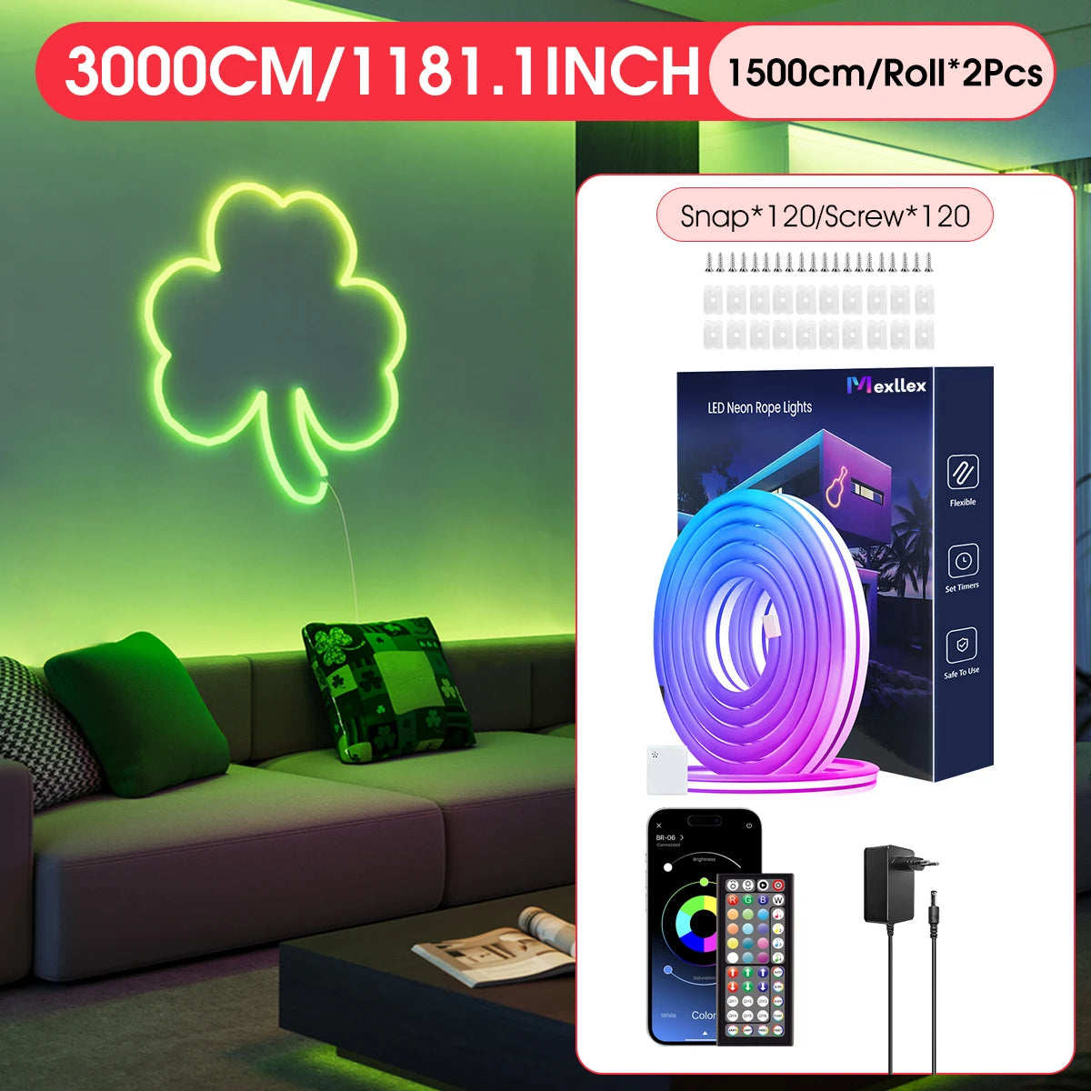 30M/20M Flexible LED Neon Rope Lights Control with App/Remote, IP65 Outdoor RGB String Lamp, Music Sync for Rooms, Pool, Garden
