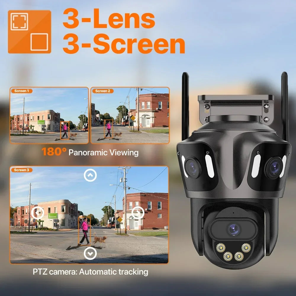 Cameră de Supraveghere WiFi 4K HD – 3 Lentile, 3 Ecrane, PTZ, AI Human Detection, IP66, Viziune Color Noapte, iCsee App