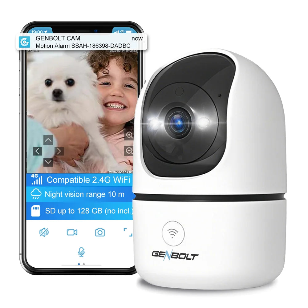 Cameră de Supraveghere WiFi GENBOLT 2K pentru Interior, Cameră IP de Securitate pentru Acasă, cu Detecție Umanoidă, Auto Cruise și Cameră pentru Animale sau Bebeluși (Nanny/Pet Cam)