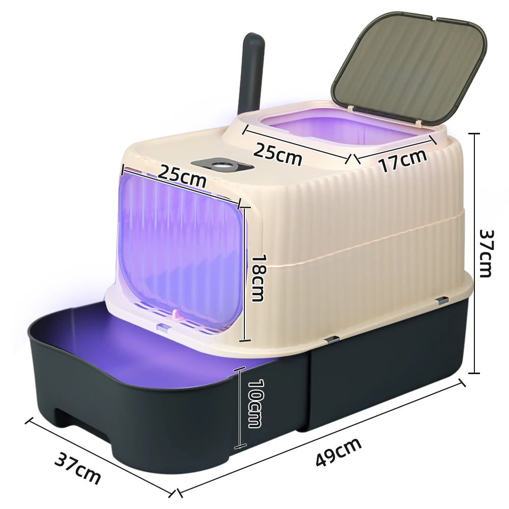 Toaletă pentru Pisici cu Sterilizare UV – Cutie Mare cu Capac, Sertar și Lopățică, Control Eficient al Mirosurilor